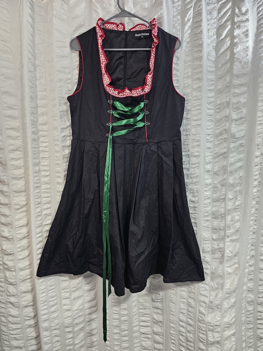 Scarlet Darkness Dirndl Dress Black Bodice Gingham Red and White Trim XL